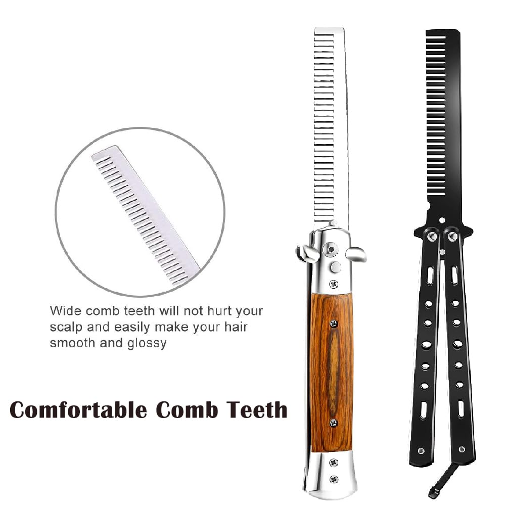 2 PCS Butterfly Comb Stainless Steel and Wood Grain folding beard combs Foldable Pocket Comb For Beard, Mustache,Scalp Hair,Salon Beauty Tool