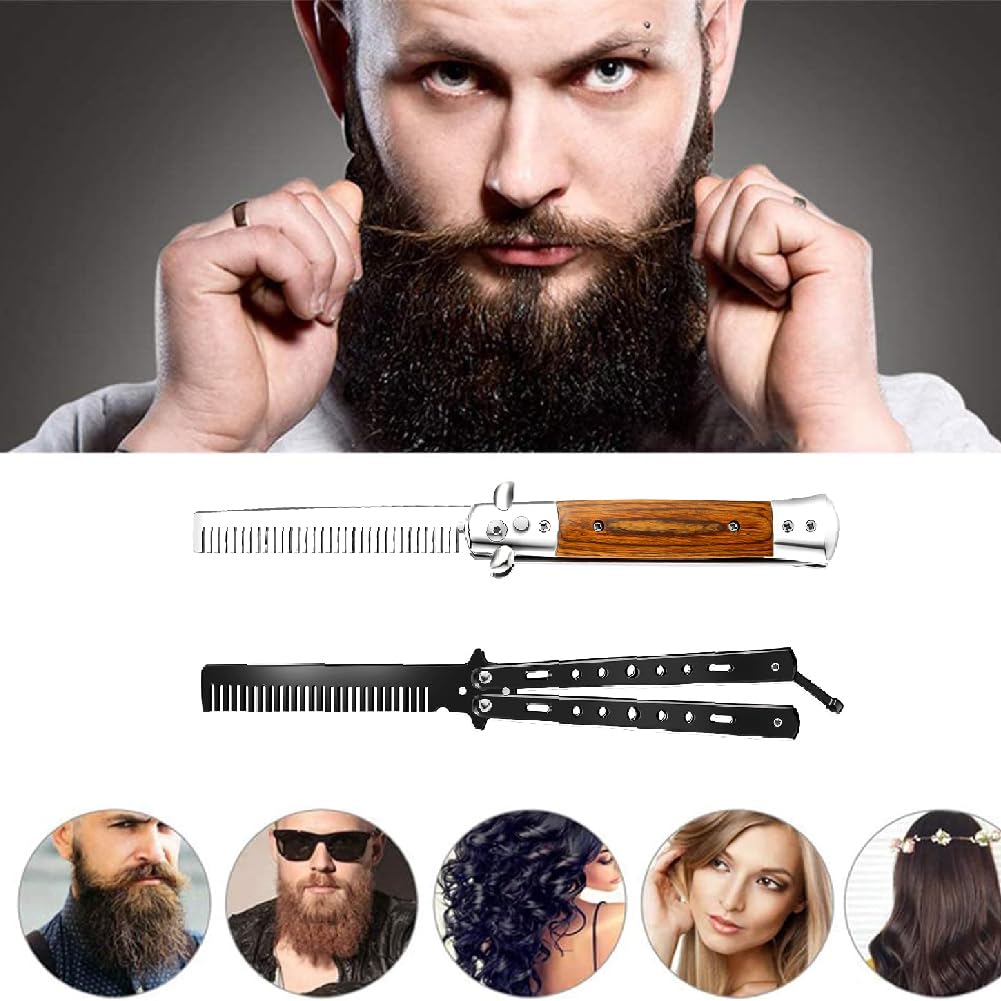 2 PCS Butterfly Comb Stainless Steel and Wood Grain folding beard combs Foldable Pocket Comb For Beard, Mustache,Scalp Hair,Salon Beauty Tool