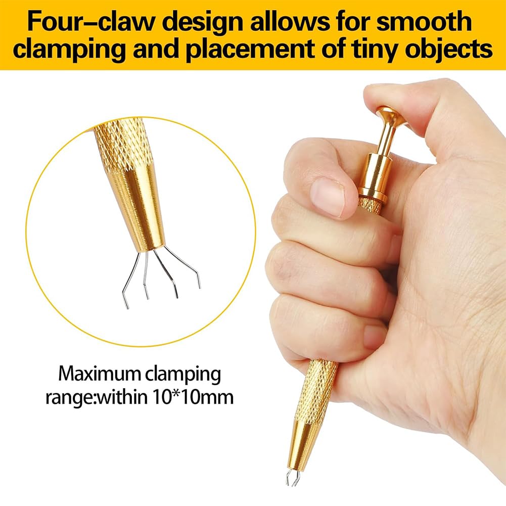 3 Pieces Piercing Ball Grabber Tool 2 Pack 4 Claw Jeweler's Pick Up Tool and 1 Pack Stainless Steel Jeweler's Pick Up Tool for Tiny Objects Ic Chips Small Parts Pickup