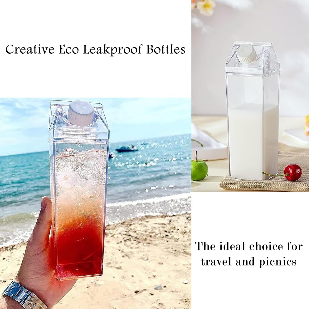 Eikovia 17oz Milk Carton Water Bottle Clear Milk Bottles Transparent Drinking Cup Reusable Box Shaped Container Juice Tea Jug for Travelling Sports Camping Outdoor Activities